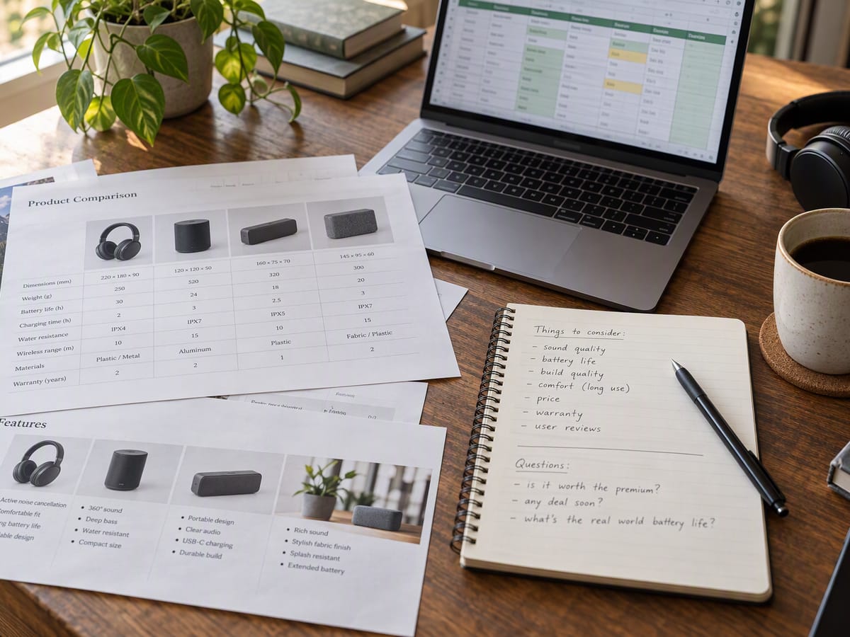 A notebook listing product comparison criteria next to a laptop